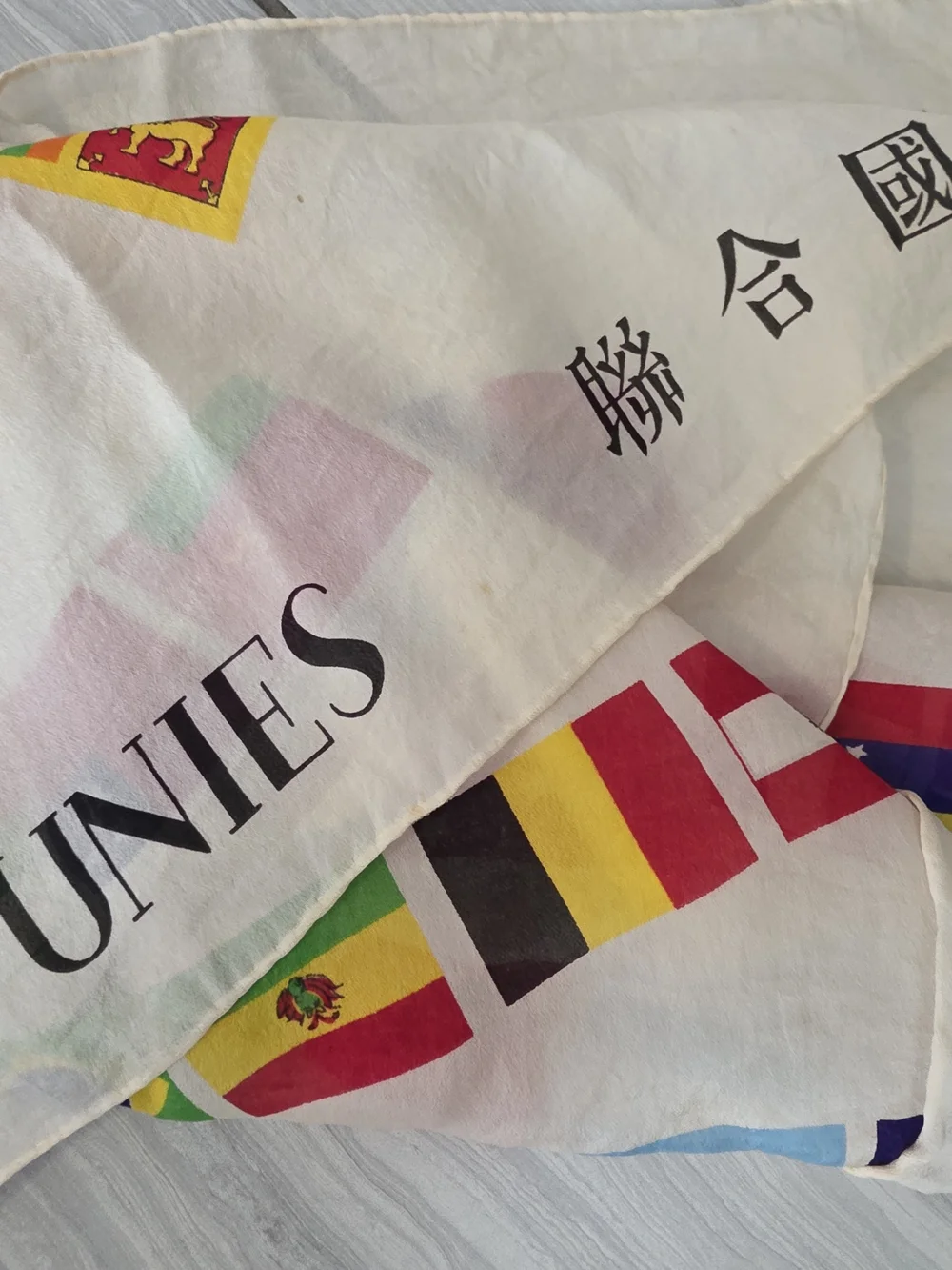 Flag Motif Vintage Silk Scarf in Cream with Multicolor Flags